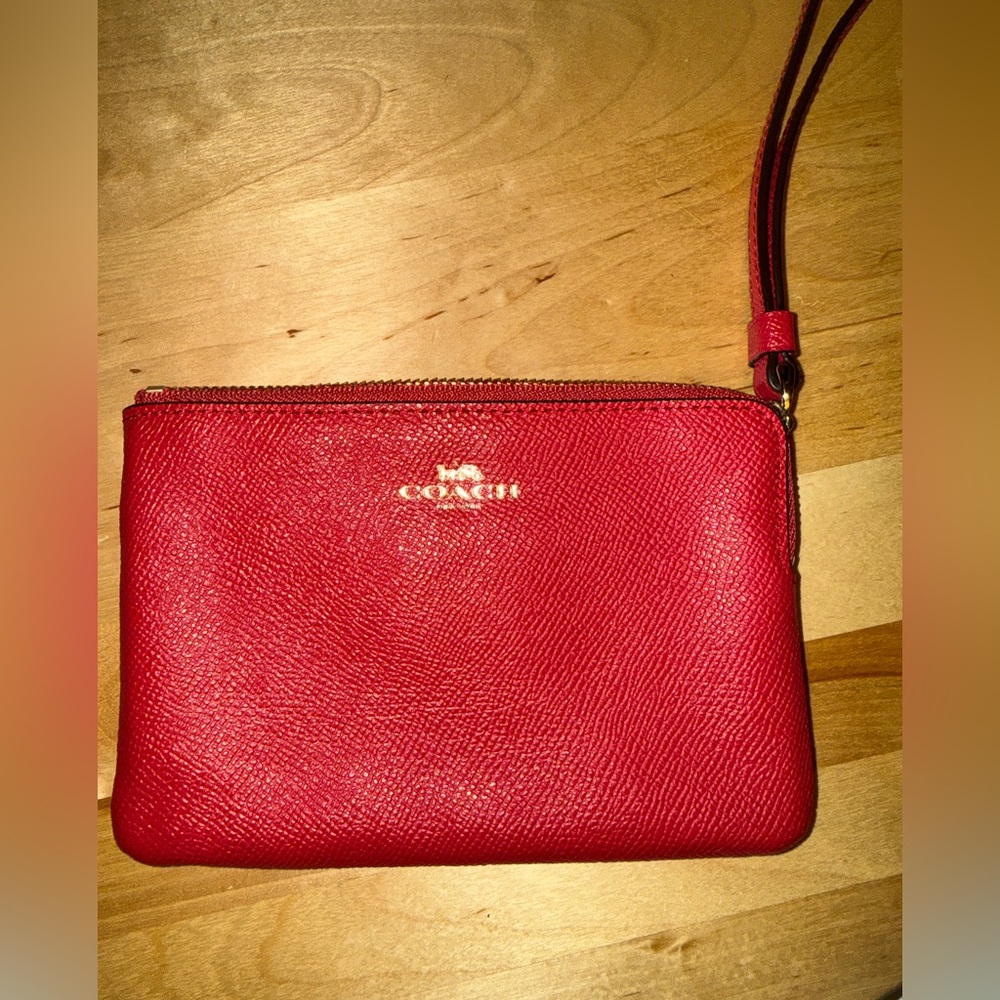Coach Red Pebbled Leather Wristlet with Gold Logo